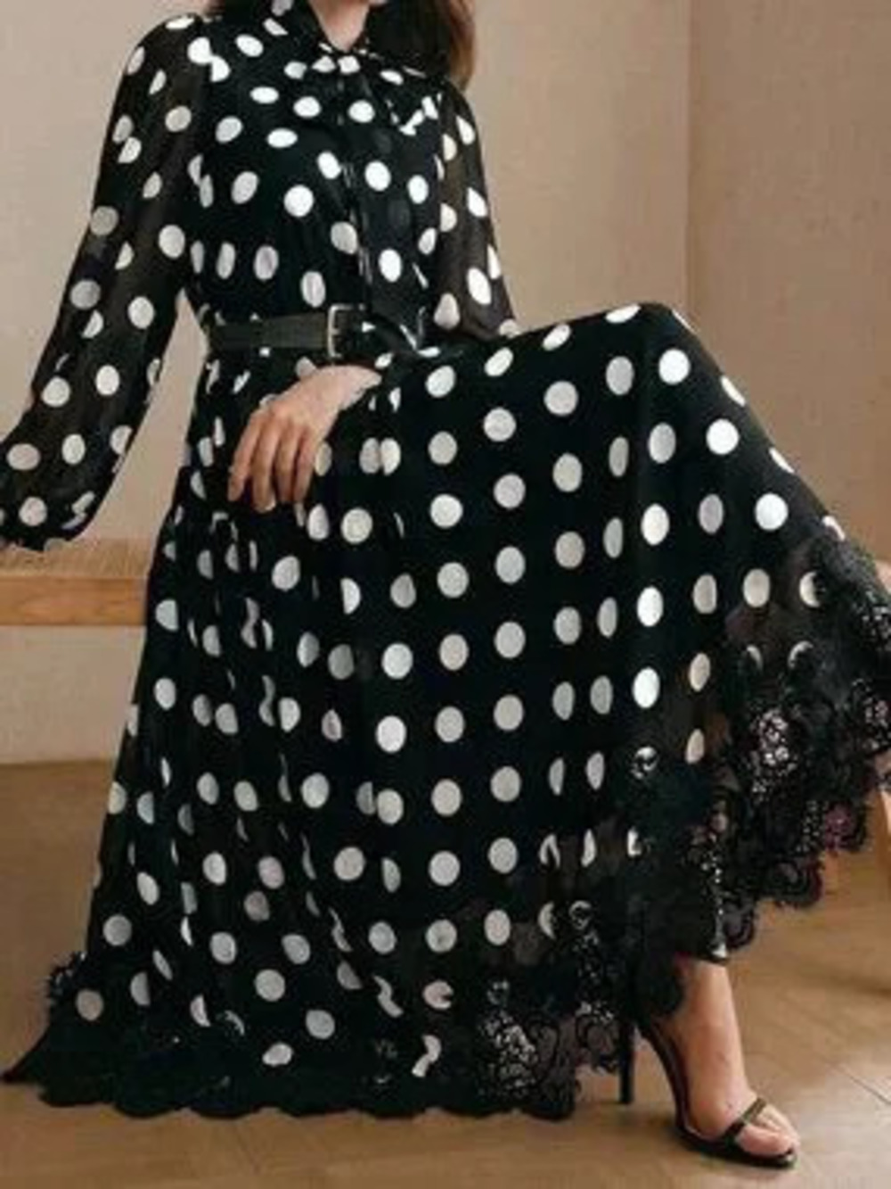 Black & White Elegant Women's Polka Dot Chiffon Lace Tie Waist Long Sleeve Dress